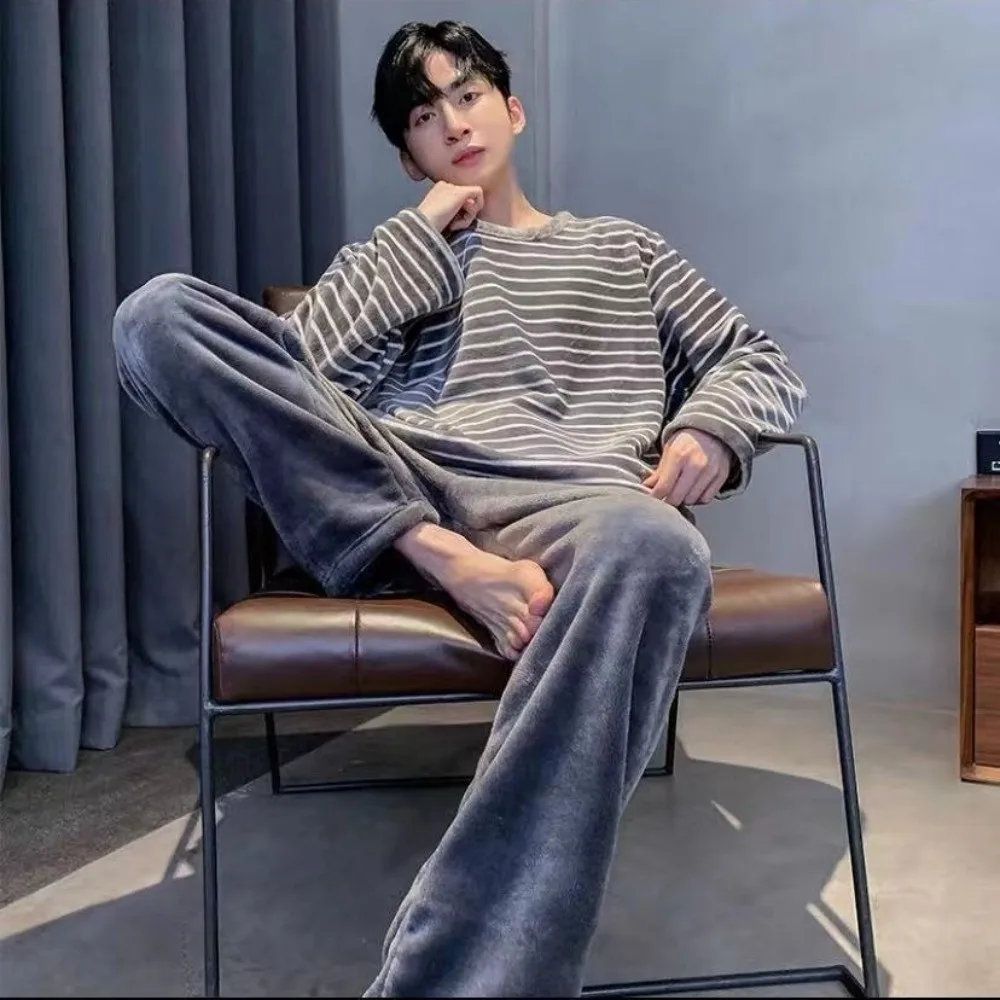 

New Long Sleeve Flannel Pajamas Set Soft Striped Design Two-Piece Suit Round Neck Warm Fleece Thermal Pajama Sets for Men
