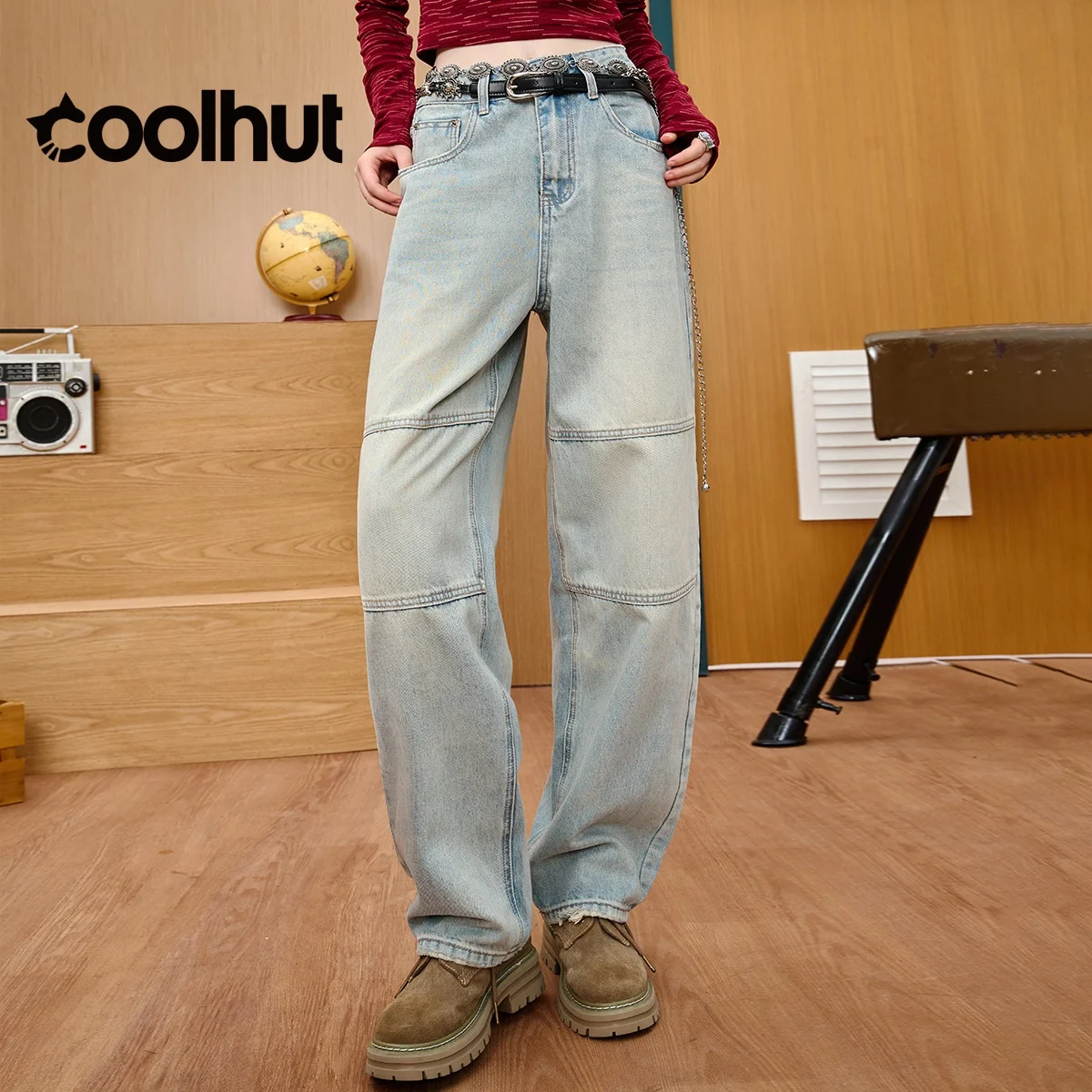 

COOLHUT 2025 Высокая талия в уличном стиле, повседневные широкие потертые винтажные лоскутные джинсовые брюки, женские модельерские джинсы, брюки
