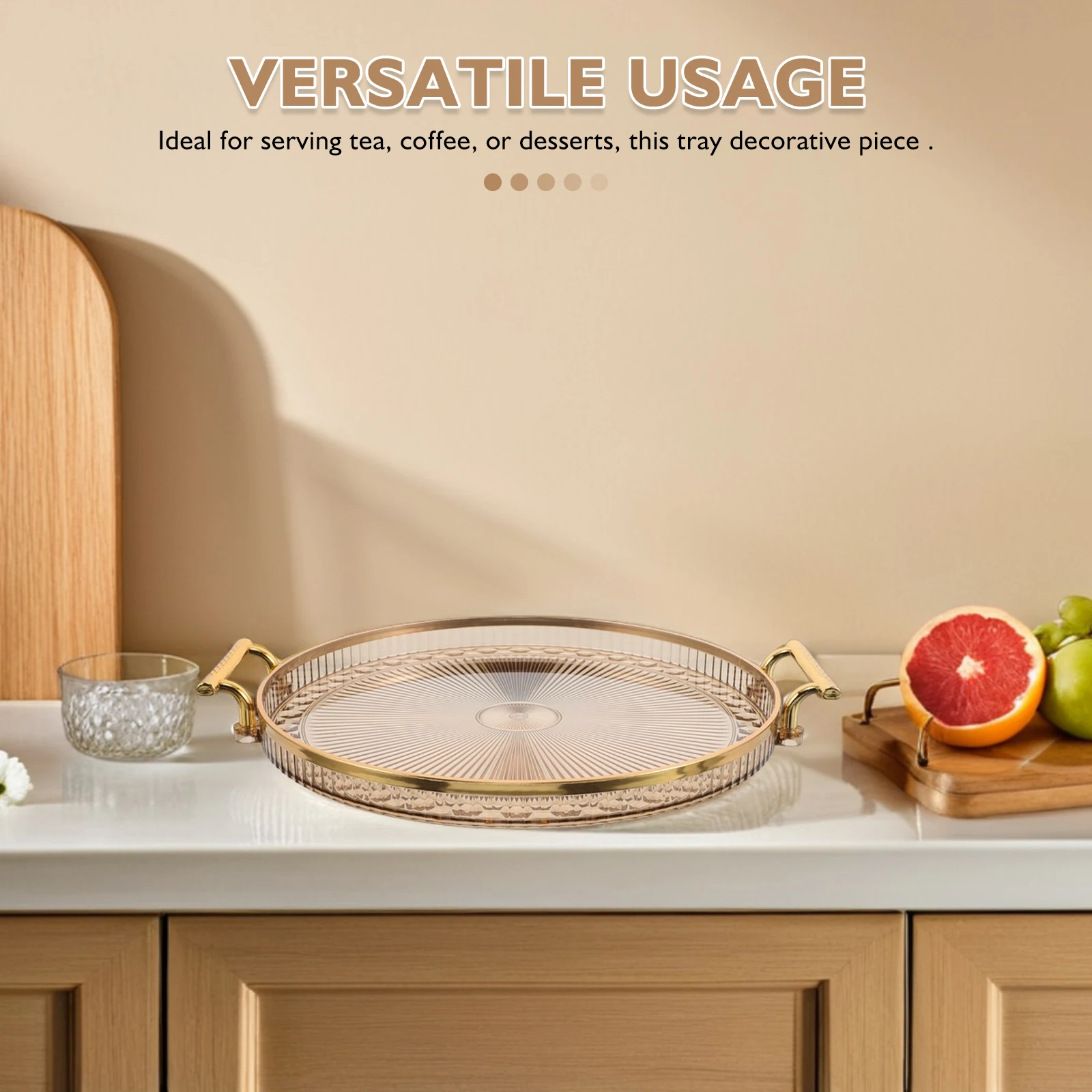 

Round Tray Clear Serving for Tea Cups Decorate Dessert with Handles Decorative Plastic Fruit Organizer Trinket