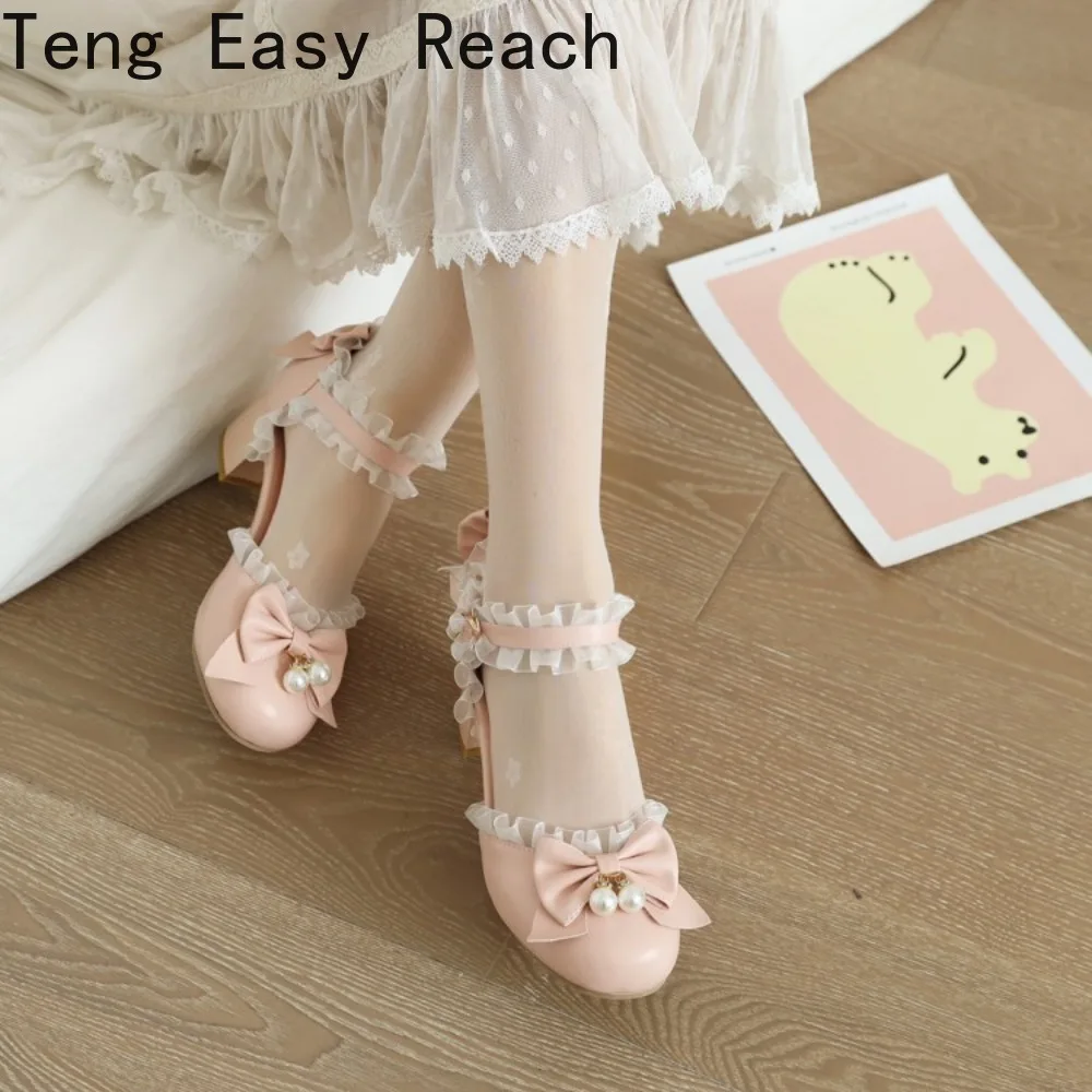 Women's Princess Pumps Sandals Bowknot Cross Ankle Ruffles High Heels Girls Lolita Party Dress Shoes Big Size 32-43 New 2026