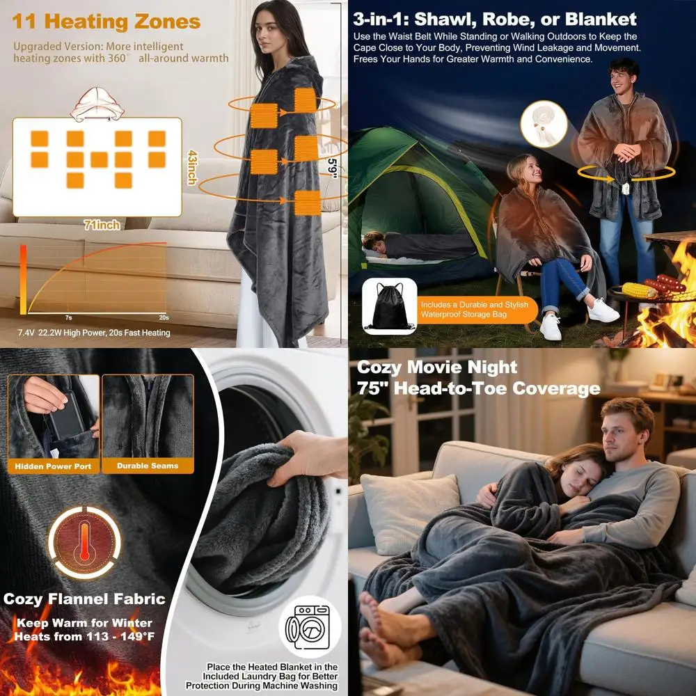 

Очень большое одеяло с подогревом 71x43 с блоками питания емкостью 2x20000 мАч, 11 зон, 3 уровня нагрева, таймер 1–6 часов, моющийся, сумка для стирки, пояс