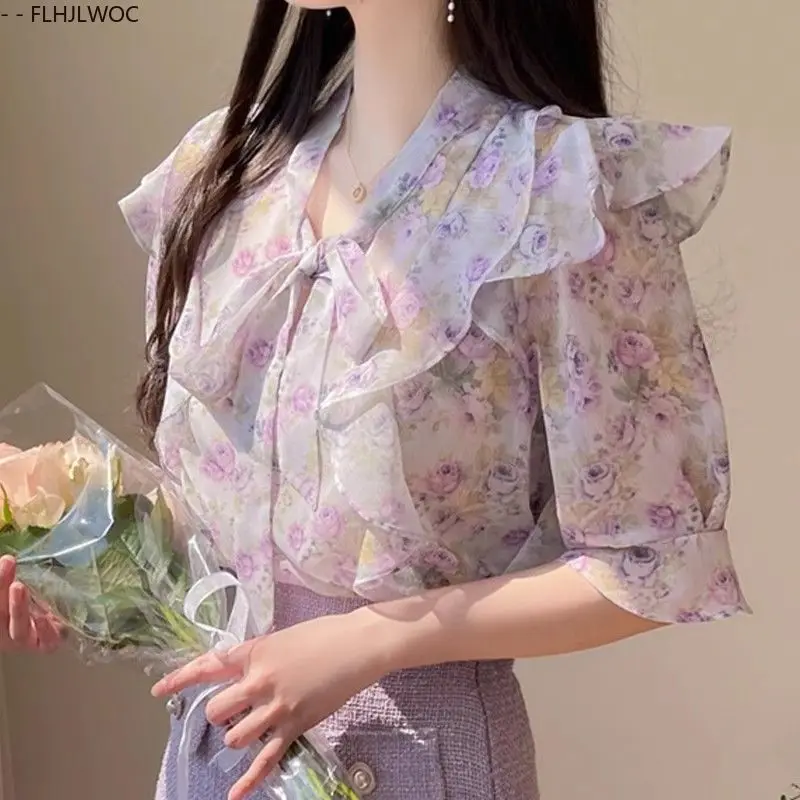 

Vintage Floral Basic Shirts Flare Sleeve Button Cute Sweet Bow Tie Girls Women Korea Japan Style Ruffled Chic Pink Tops Blusas
