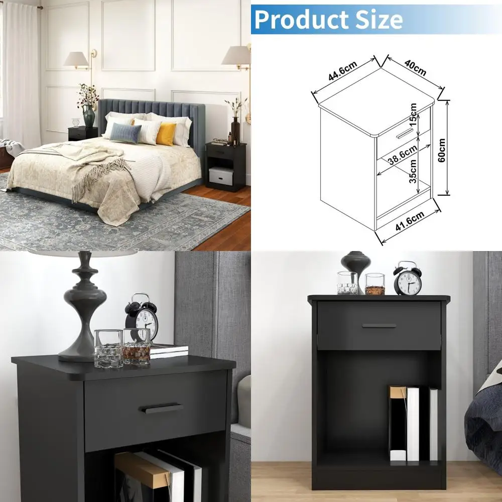 

Two-Tier Wooden Nightstand with Drawer and Open Shelf, Black Bedside Table for Bedroom or Living Room