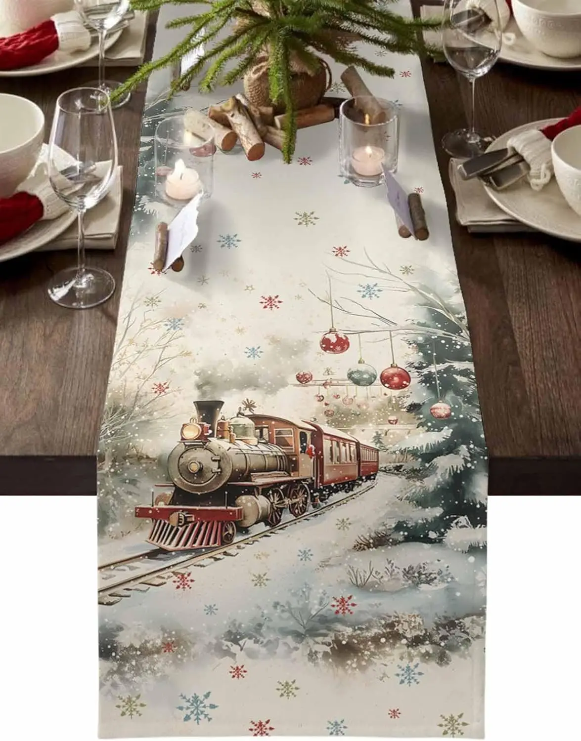 Christmas Ball Train Snowflake Linen Table Runner Holiday Party Decor Xmas Tree Kitchen Dining Table Runner Christmas Decoration