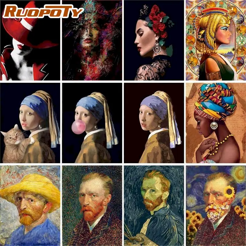 RUOPOTY DIY Painting By Numbers Pearl Earring Girl Paint By Numbers For Adults Van Gogh Picture 60x75cm Frames Decor Home Wall A