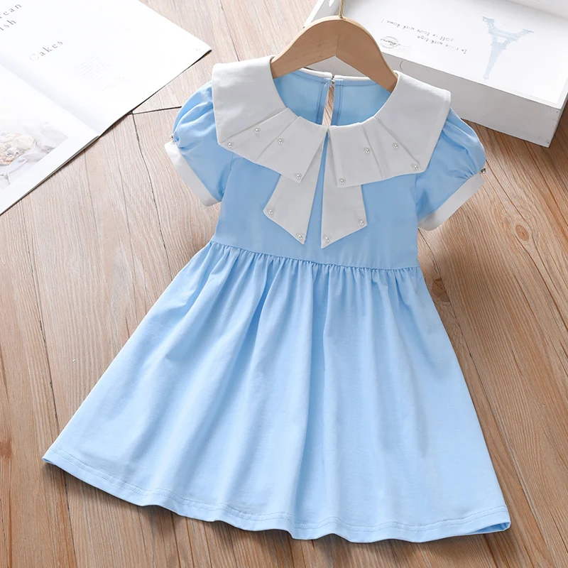 

Fashion Kid Baby Girls' Summer Dress Turn Down Collar Pearl Bow Cotton Vestidos 2023 New Trend Children's Clothing