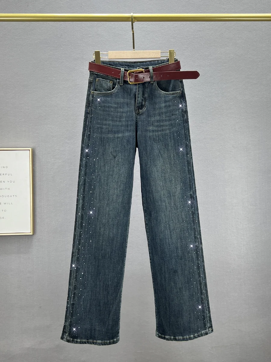 

Рваные джинсы с высокой талией и широкими штанинами для женщин, осенняя новинка, прямые брюки с эффектом похудения, со стразами, длинные, из эластичного хлопка...