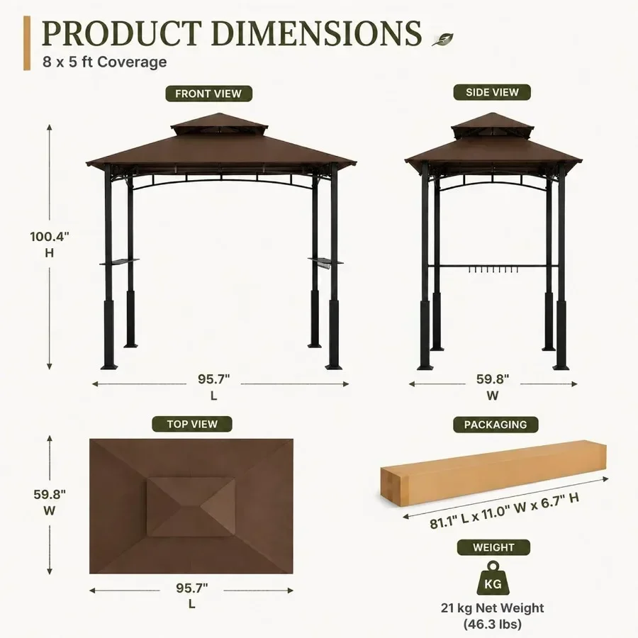 8x5 Grill Gazebo, Outdoor BBQ Canopy Shelter with Double Tiered Roof Ventilation - Heavy Duty Patio Canopy Tent Steel Frame for