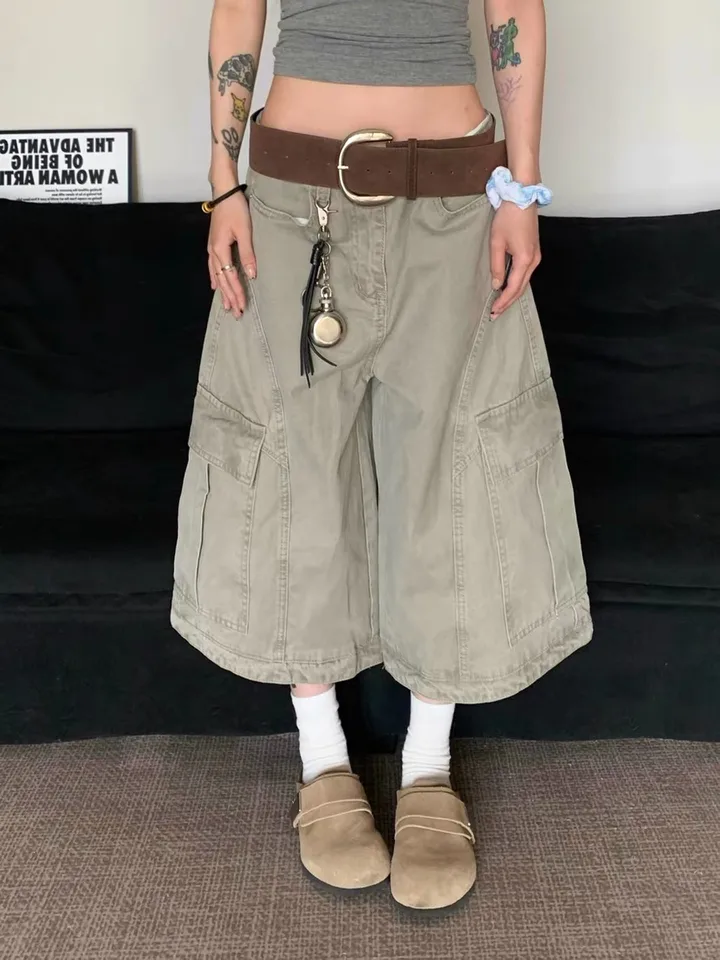 Short de Mezclilla para Mujer, Tiro Alto, Pierna Ancha, Largo a la Rodilla, Gris Casual, Holgado, Estilo Americano, Pantalones Cortos de Mezclilla para Mujer 3