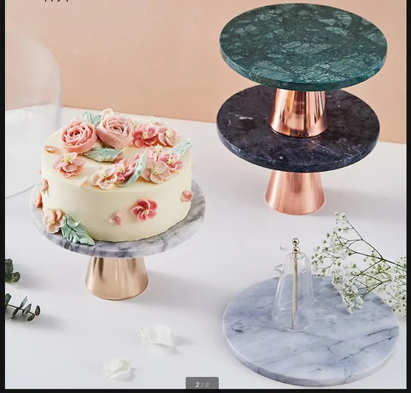 Metal Tall Feet Marble Cake Pan Bread Dessert Plate Refreshment Tray Stand Decorative Display Snack Dishes