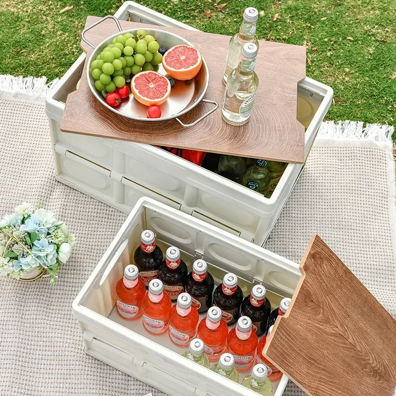 35L Outdoor Storage Box With Wooden Cover Thickened Storage Box Car Storage Box Camping Storage And Sorting Box