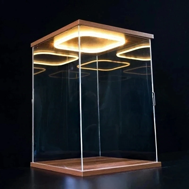 Walnut Color Clear Acrylic Display Cabinet, 3D Ring LED Light Action Figure Display Case, Assembled Dustproof Storage Box
