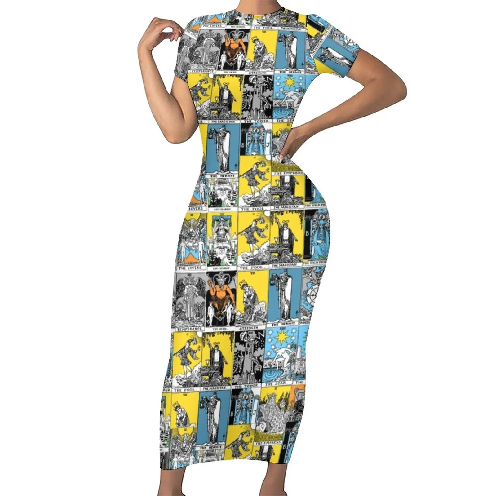 Tarot Print Dress Short Sleeve A Major Arcana Sexy Maxi Dresses Summer Aesthetic Pattern Bodycon Dress Large Size 5XL 6XL