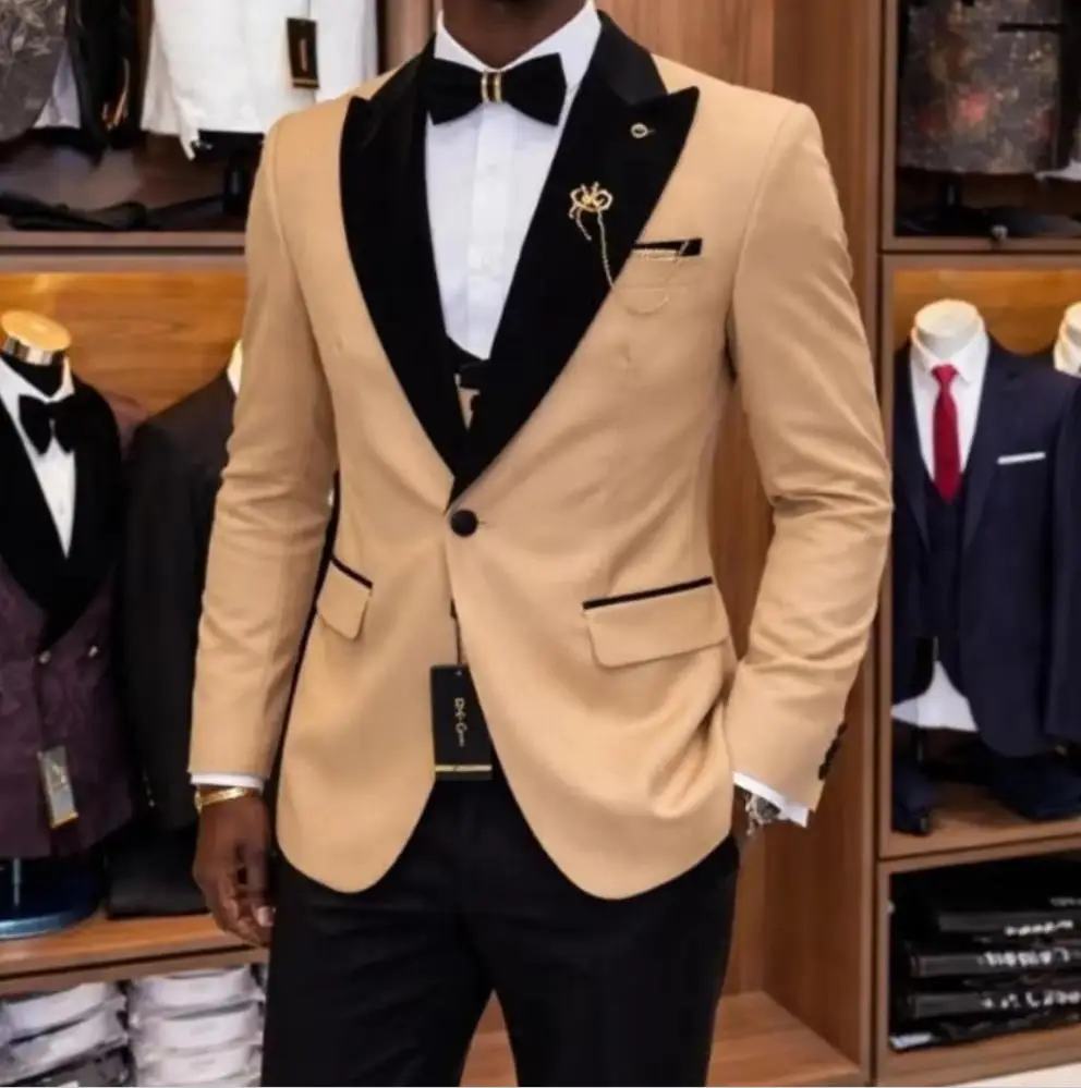 Slim Fit Men Suit Set Luxury 3 Pieces With Black Lapel Blazer Pants Vest Custom Groom Tuxedo For Wedding Party ropa hombre