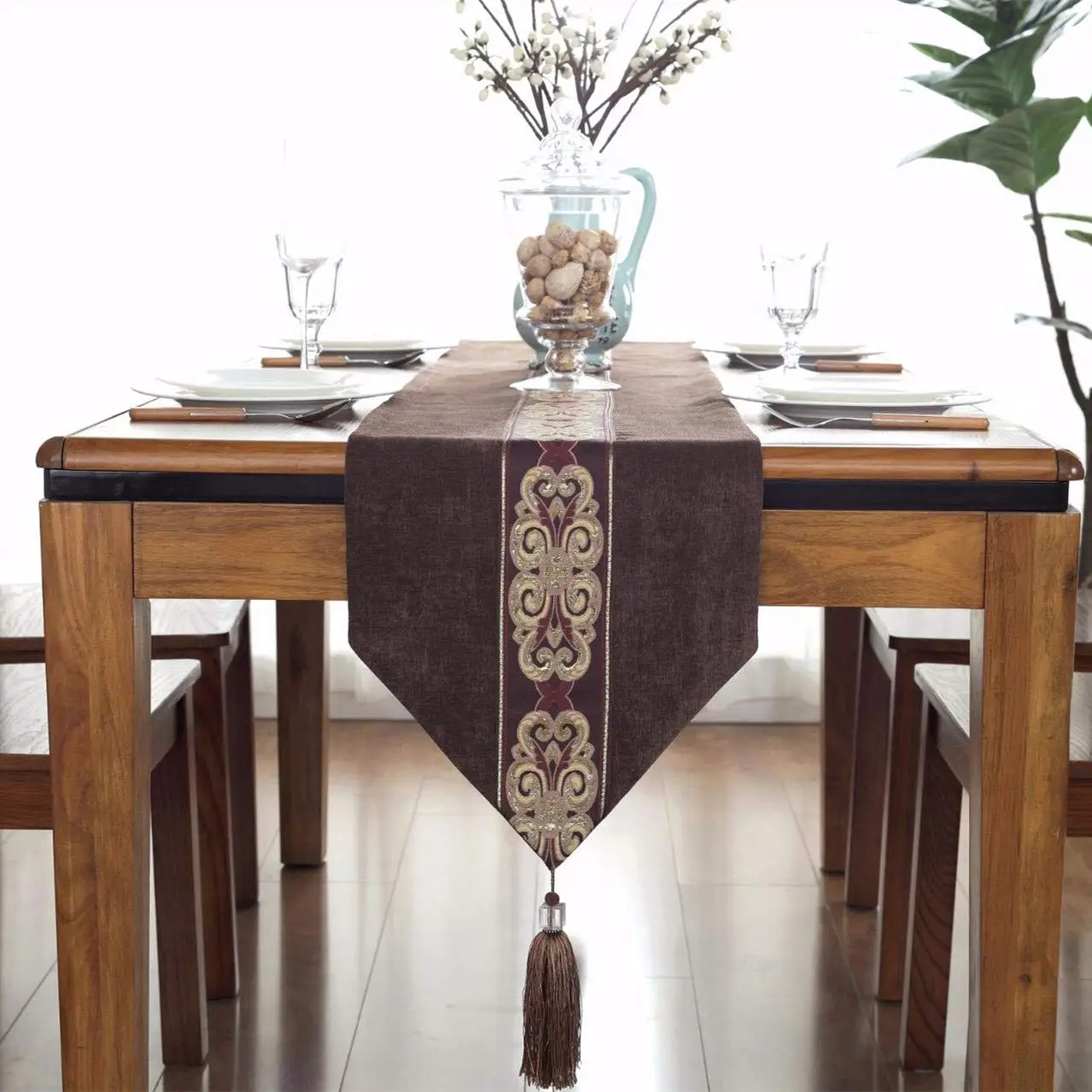 Classic Vintage Table Runner and Dresser Scarf with Tassels Middle Stripe Home Decor, 13 x 82 Inch