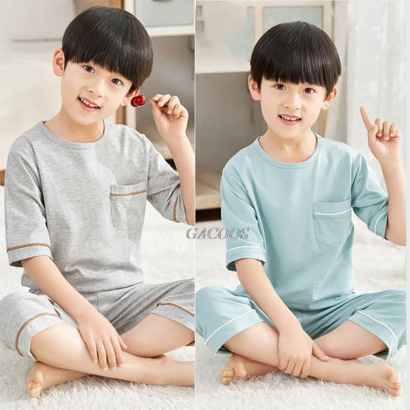 Teenager Girls Boys Pajamas Summer Long Sleeve Children's Clothing Sleepwear Cotton Pyjamas Sets For Kids 4 6 8 10 12 14 Years