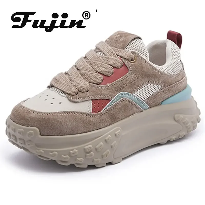 Fujin 6cm Genuine Leather Platform Mesh Breathable Sneakers Chunky Hidden Heel Mixed Color Women Autumn Spring Vulcanize Shoes