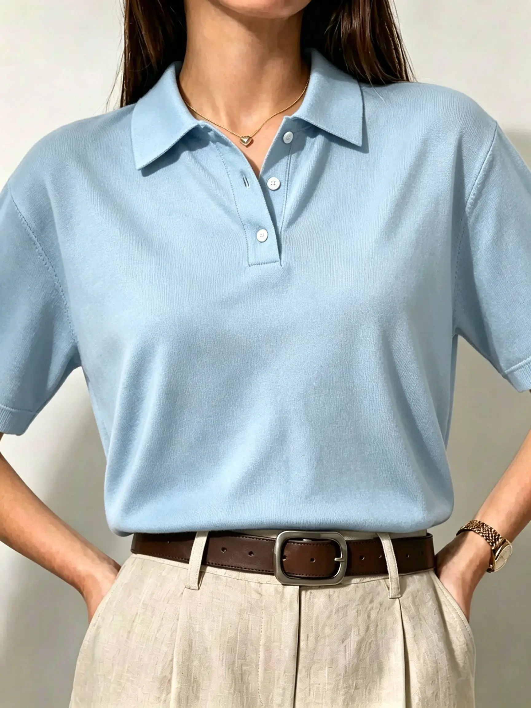 Women's Solid Color Polo Shirt for Summer Casual Stylish and Versatile Street Style Suitable for Any Occasion.