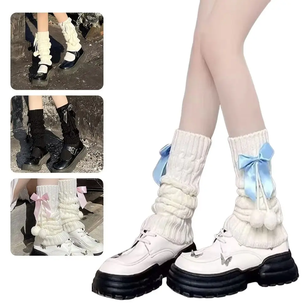 Cute Lolita Knitted Leg Warmers Fleece Lined Bowknot Pom-pom Leg Warmers Thermal Leg Covers