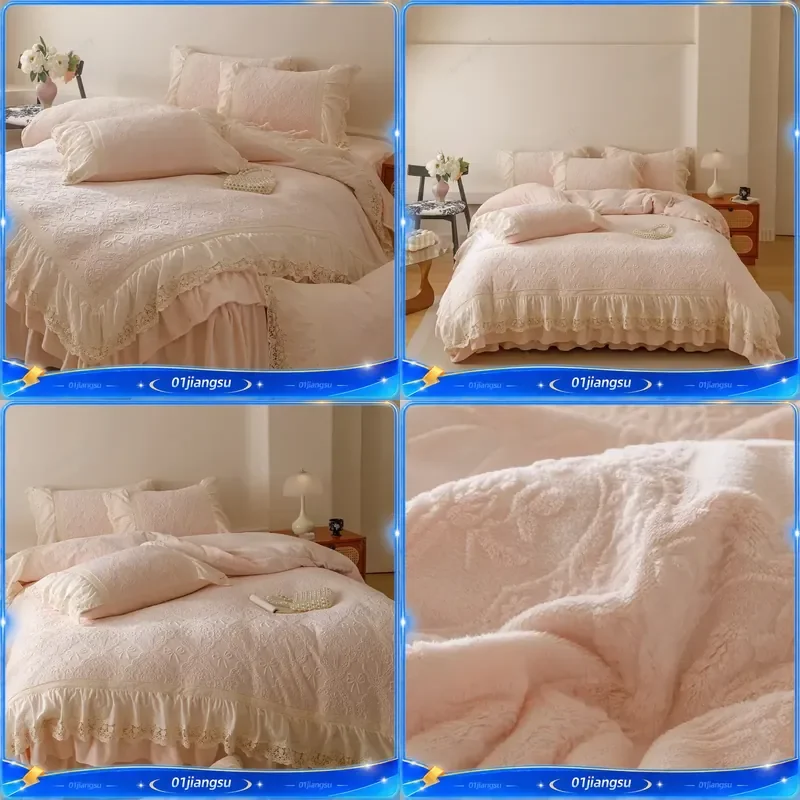 Vintage French Double Layer Lace Ruffles Winter Velvet Bedding Set Plush Carved Duvet Cover Bed Skirt Pillowcases 4Pcs Luxury