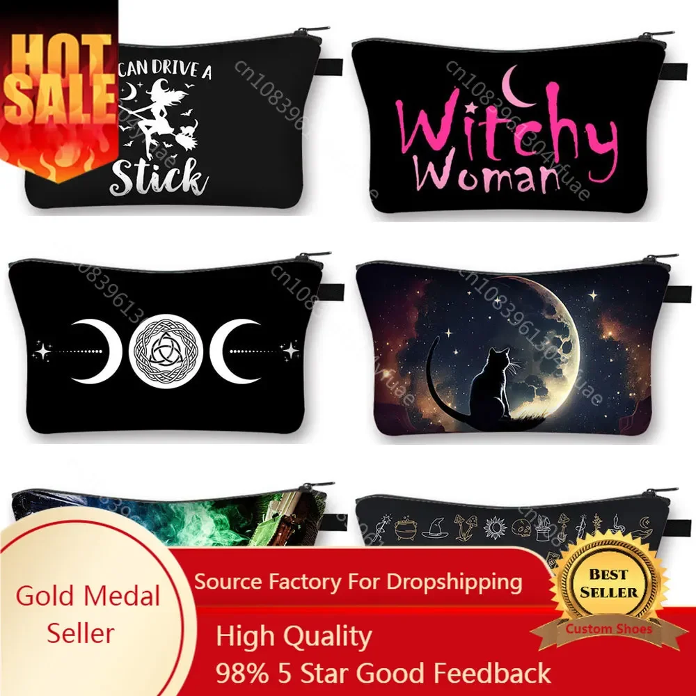 Witchy Woman Cosmetic Case with Moon Star Makeup Bag Magical Hat Furnace Moon Cat Storage Organizer Witchcraft Cosmetic Bags