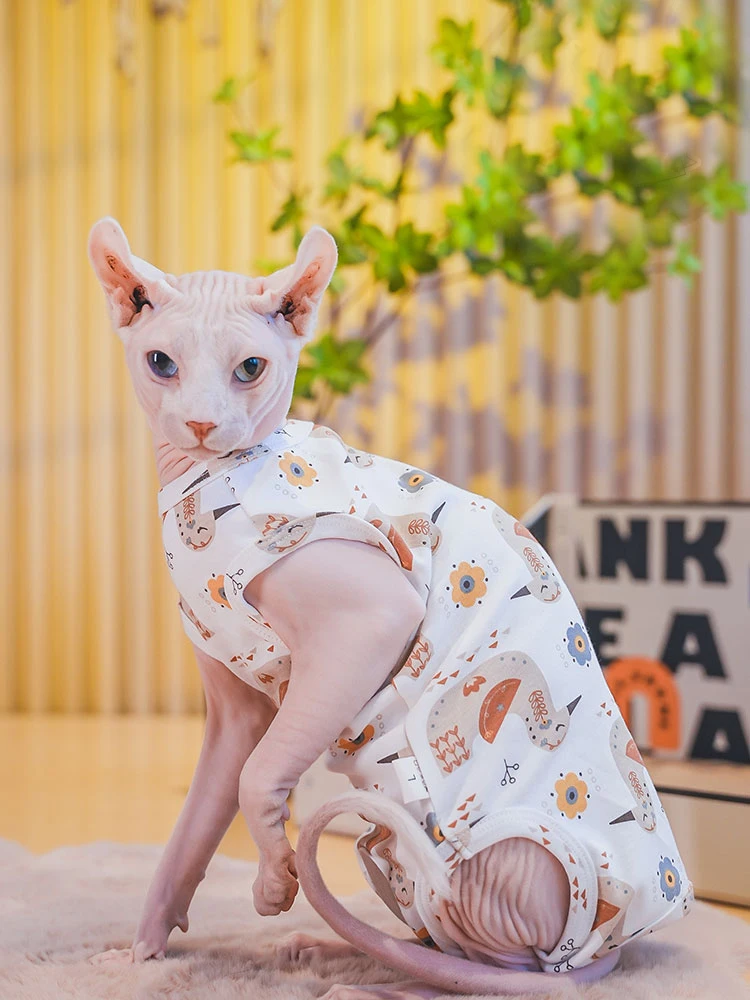 Fleece Coat for Sphynx Cat Clothes Summer Spring Cute Sleeves soft Sweatshirt Elestic For Devon Rex Cartoon T-shirt For Kittens