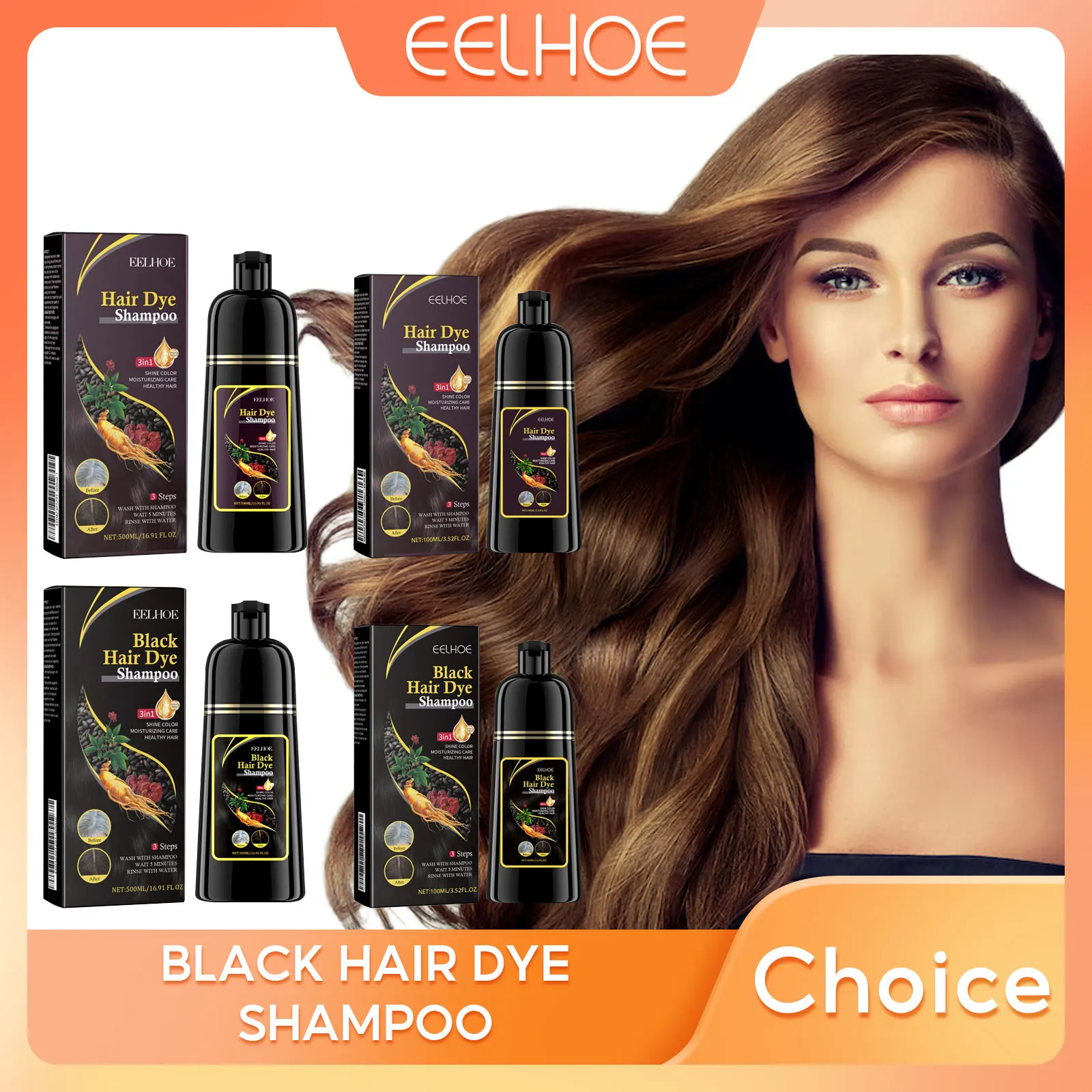 

EELHOE 3in1 Hair Dye Shampoo Bald Head Hair Regrowth Polygonum Multiflorum Herbal Organic Repair Damaged Hair Loss Shampoo 500ml