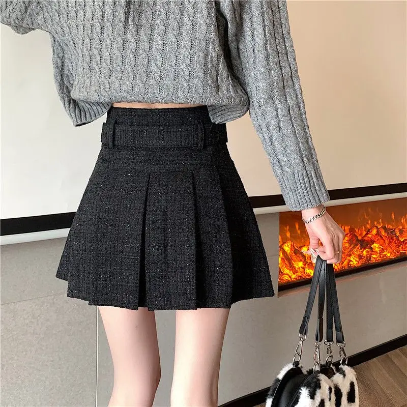 2024 New Korean Autumn and Summer with Belt Tweed Pleated High Waist Simple Commuting Thin A-word Temperament Anti-slip Skirt