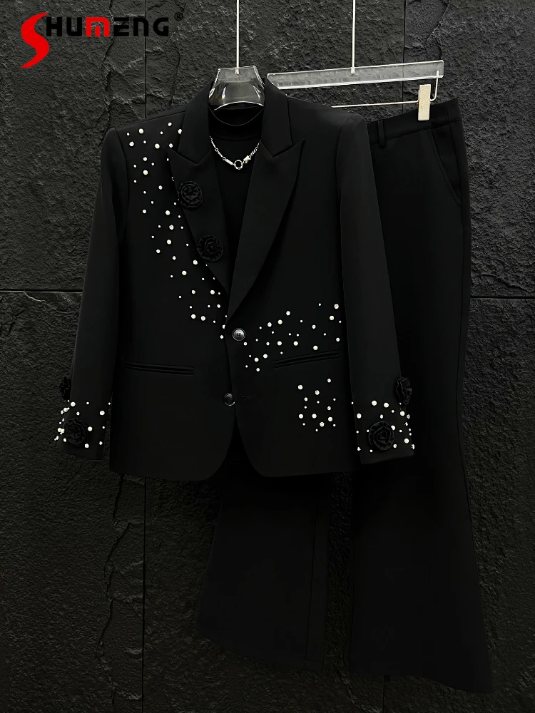 

High-end Bead-encrusted Chic Diamond Sets Men's 2025 Autumn New Fashion Niche Three-dimensional Flower Loose Blazers Pants Sets