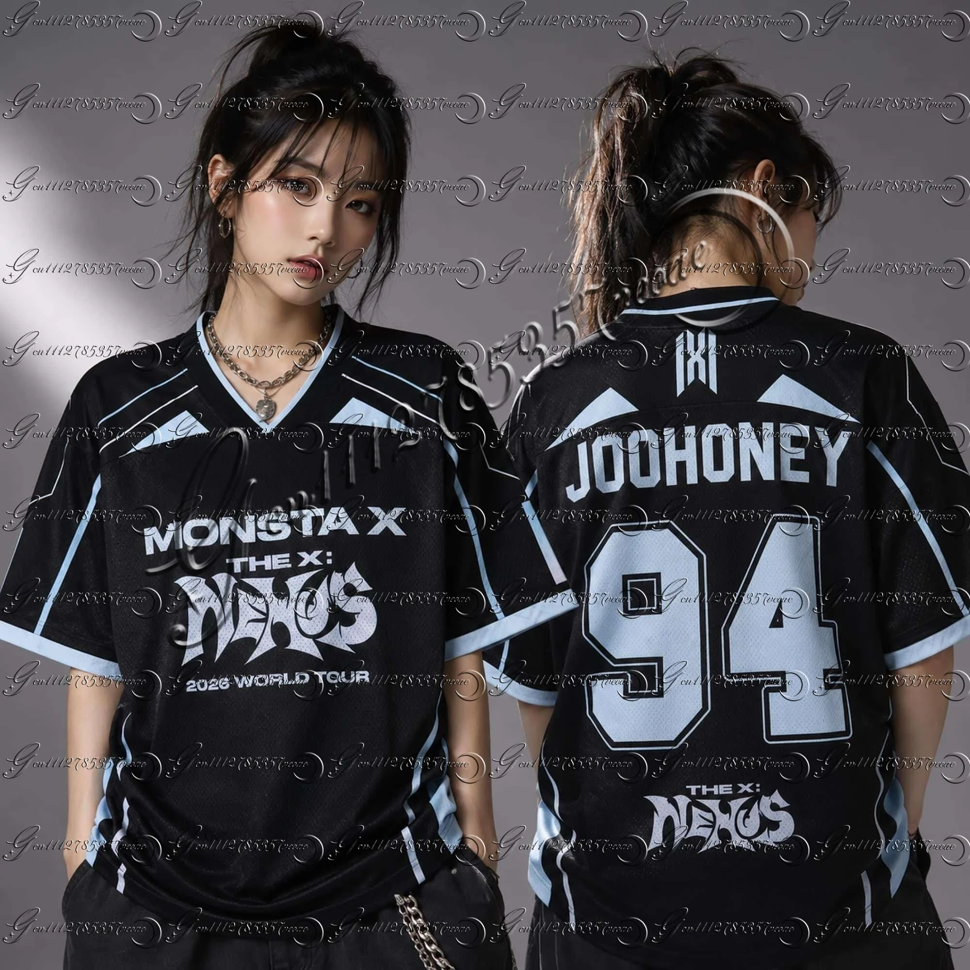 26 Y2k Summer Adult Women Galactic Monsta X World Tour The X Nexus Mixed Mesh Jersey Hyungwon Fans T-Shirt Women FamilyMatching