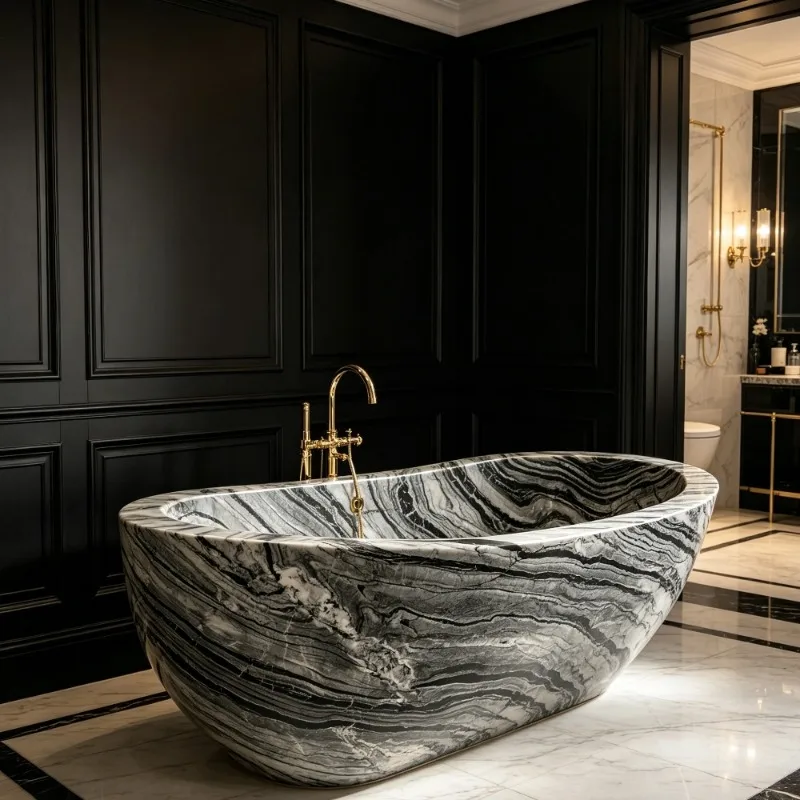 Natural Black Wood Veins Marble Freestanding Soaking Tub Handmade For Villa Bathroom