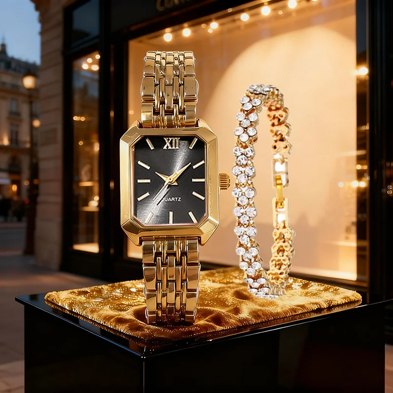 2PCS Luxury Square Watch+shiny Bracelet Set, A Fashionable Gift for Women，Ladies' Watch Set