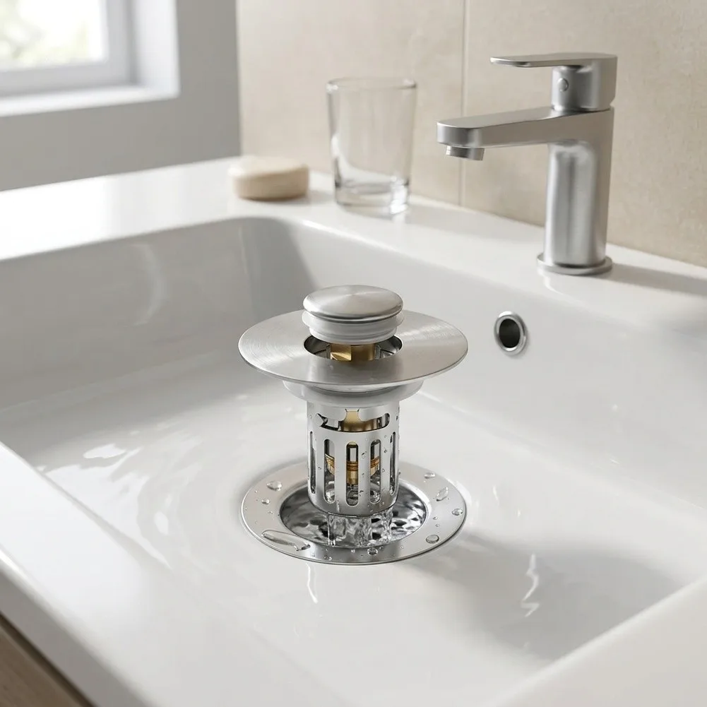 Push Button Drain Stopper for 40mm Sink Openings Featuring ABS Housing Brass Head and Removable Stainless Steel Filter Basket
