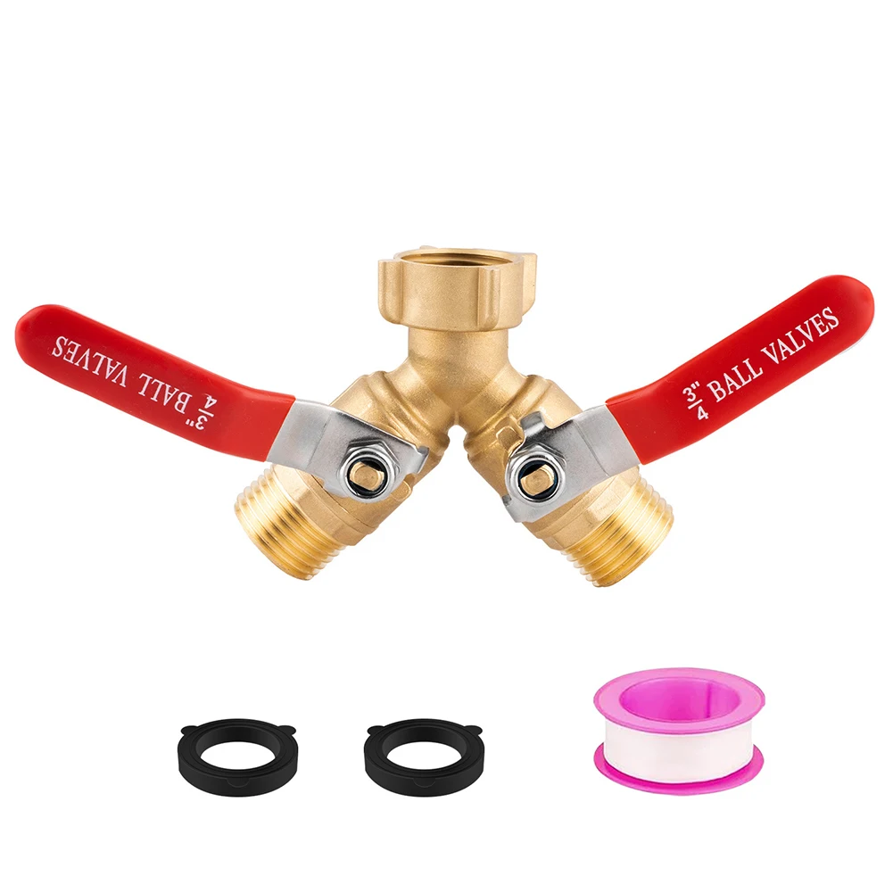 2 Way Brass Garden Hose Splitter Y Valve With Long Handle High Flow Water Connector 3/4 Inch Thread For Yard Watering System