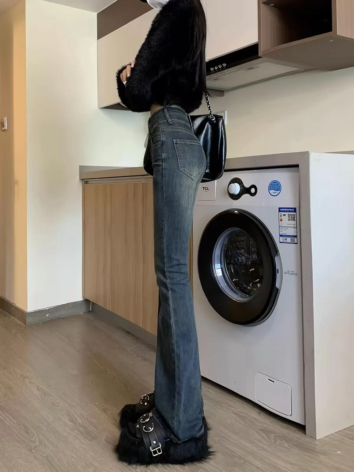 High Waist Bell Bottom Jeans Cement Grey Slim Fit  Hoof Pants for Middle School Students Casual Straight Leg Jeans