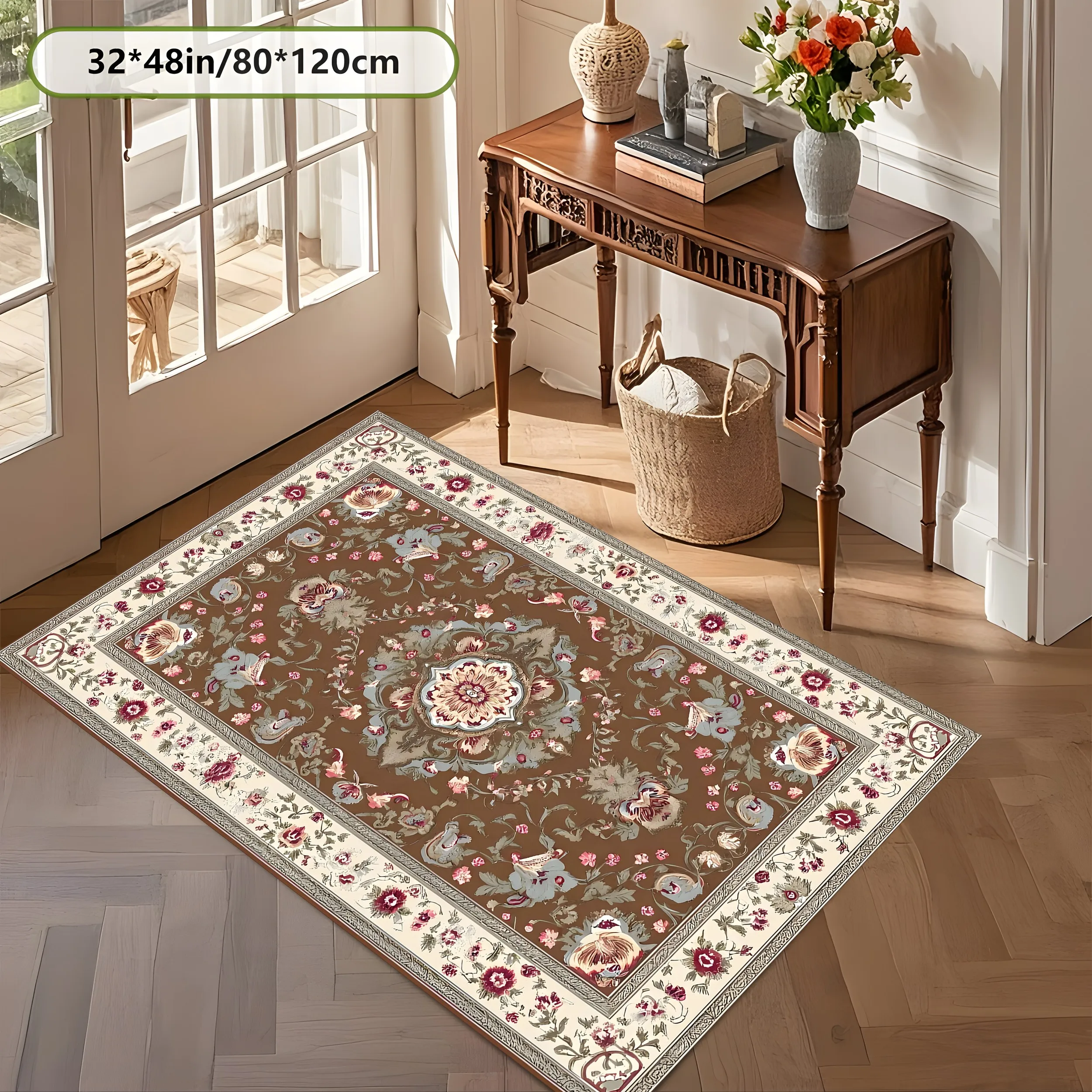 2D Large Rug with Retro Persian Central Floral Pattern, European Retro Style, Perfect for Living Room, Coffee Table, Bedroom, or Bedside – Instantly Refresh Your Autumn/Winter Decor