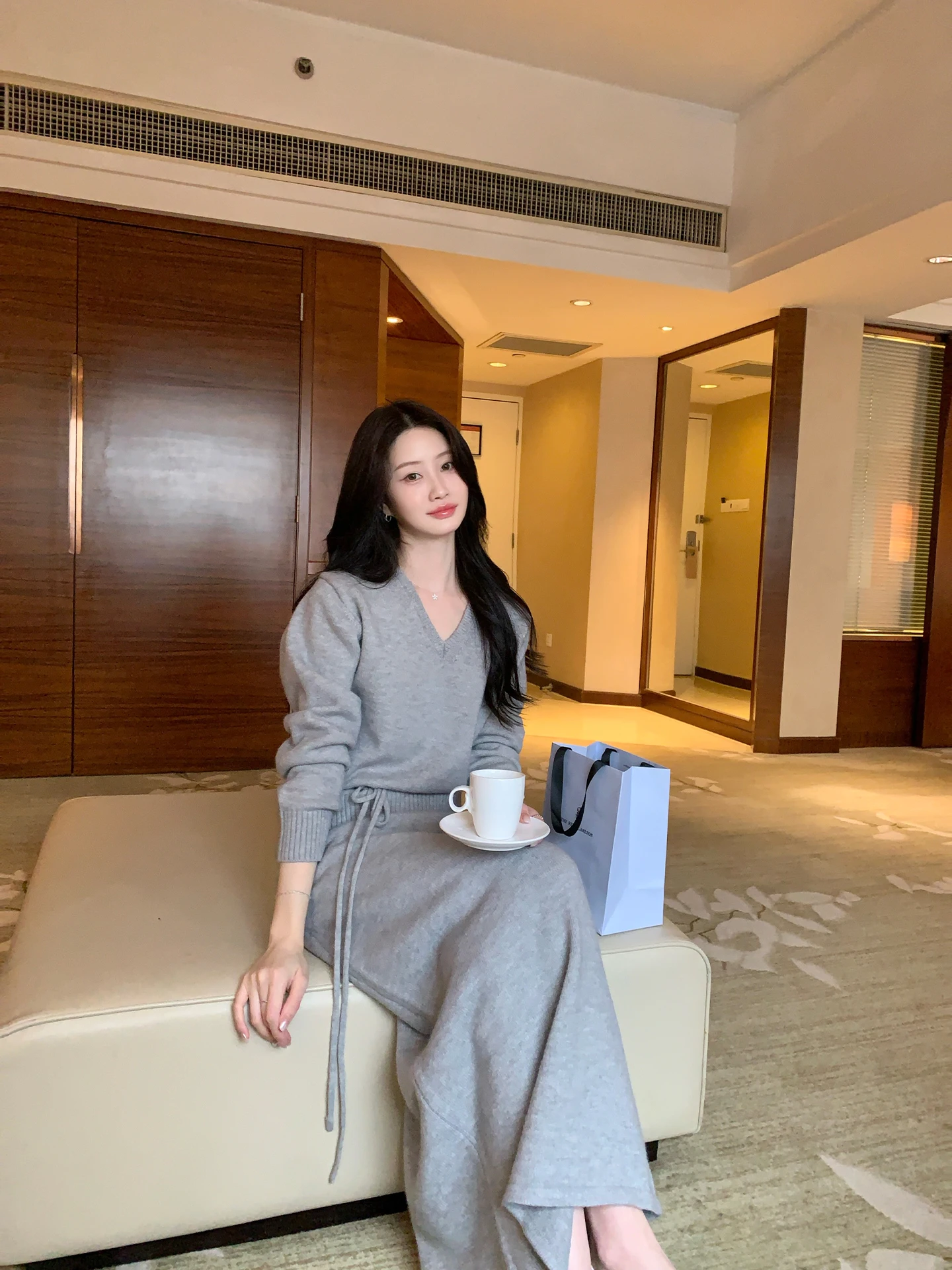 

JeJuna ey Вязаный комплект с V-образным вырезом и поясом f Юбка Женская модная повседневная осенняя коллекция с высокой талией Long Sve