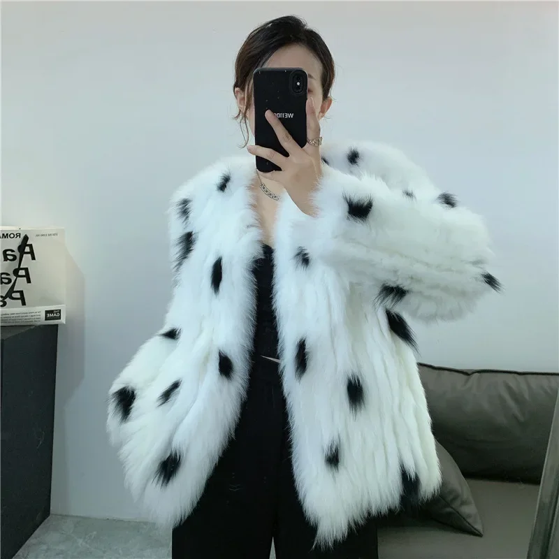 2022 New Fox Fur Grass Coat Women's Mid Length Polka Dot Little Milk Leopard Youth Style Fried Street Korean Edition Winter Slim