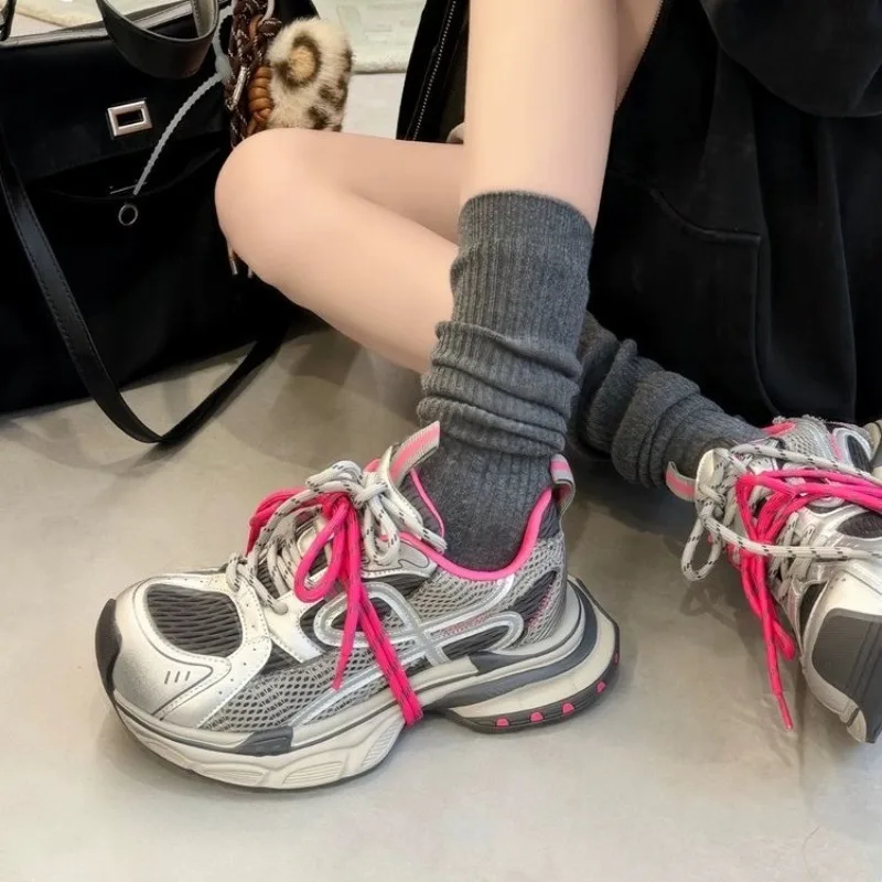 New Genuine Leather Sports Shoes Brand Designer Thick-soled Casual Unisex Shoes Retro All-match Mesh Spring tenis de mujer