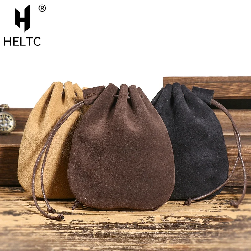 Genuine Leather Coin Purse Men Women Vintage Small Coin Wallet Hard Leather Money Pocket Drawstring Storage Bag