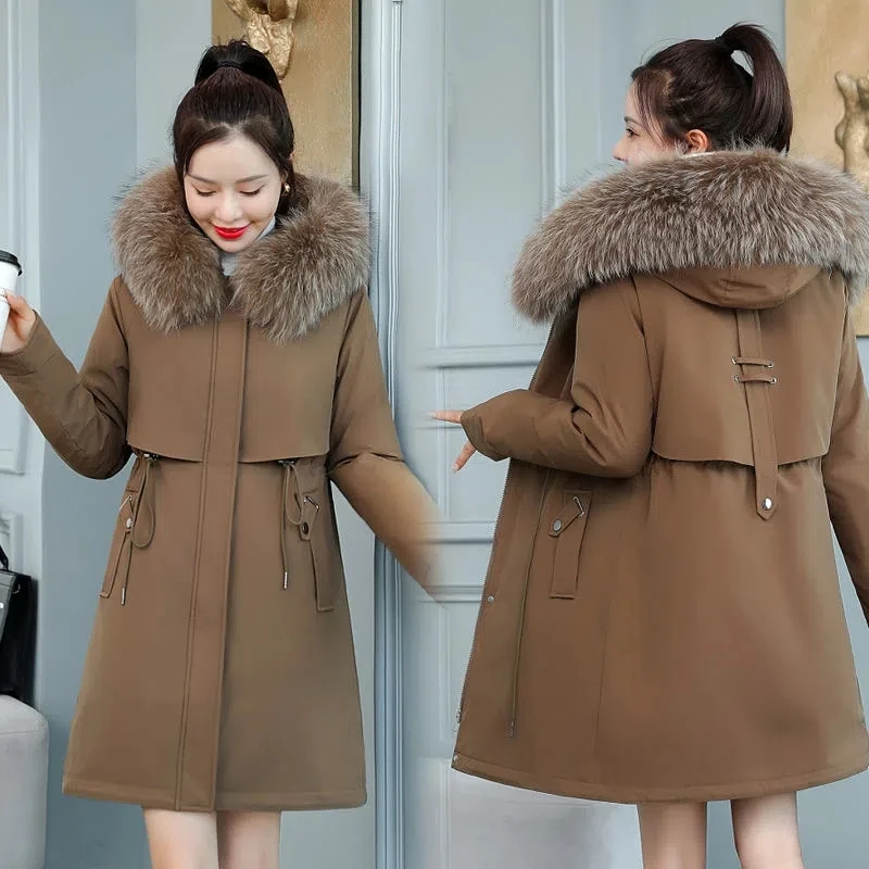 Làm Dày Parkas 8XL Mới Áo Khoác Mùa Đông Dài Áo Khoác Len Lót Mũ Trùm Đầu Parkas Với Cổ Lông Nữ Cotton Ấm Tuyết áo Khoác Ngoài