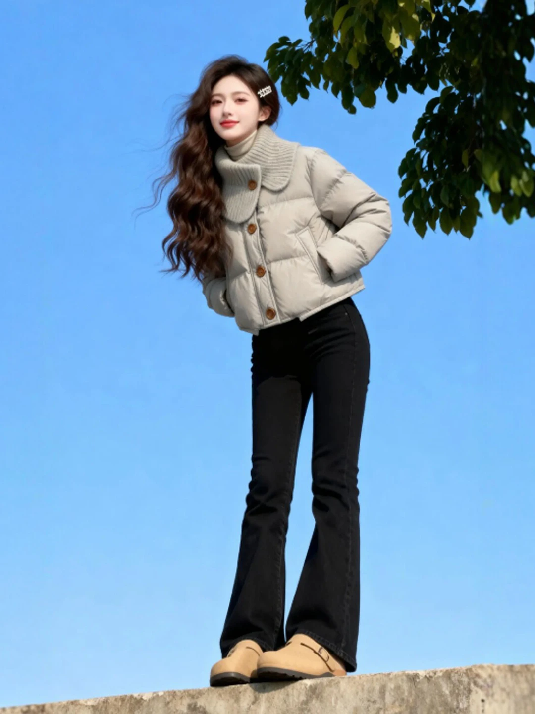 

Корейская модная и элегантная зимняя верхняя одежда из хлопка для женщин: куртка с пуговицами, стандартным кроем и длинным круглым воротом