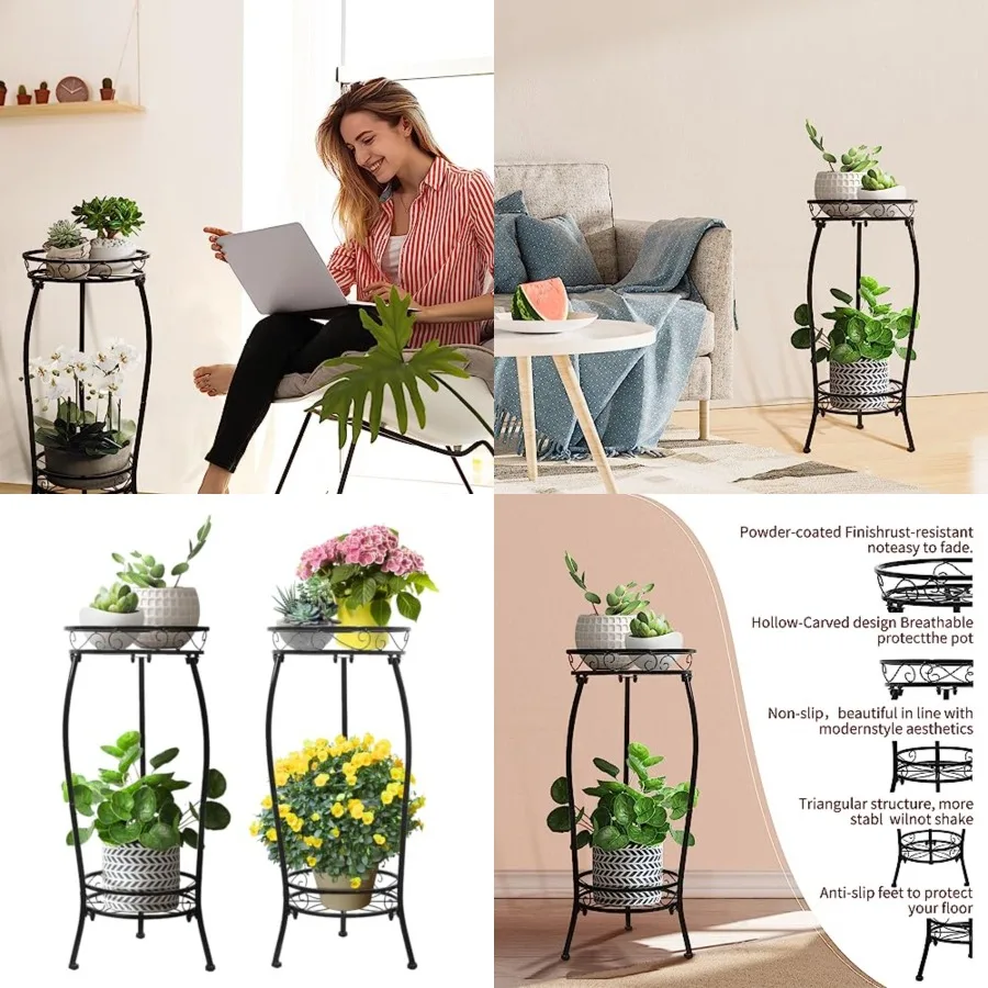 

2 Pack Plant Stand Indoor Outdoor 2 Tier 27 Tall Metal Potted Holder Rack Flower Pot Stand Heavy Duty Plant Shelf Rustproof Iro