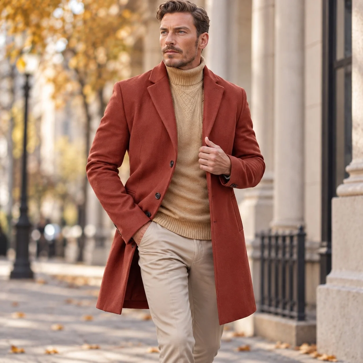 No Belt Notched Lapel Belt Commuter Coat with Regular Thickness Single Breasted Multiple Pockets Mid Long for Men Autumn Winter