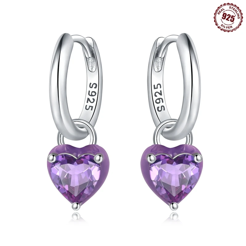 Real 925 Sterling Silver Drop Earrings Purple Heart Shape Infinity And Love Earrings For Women Engagement Wedding Party Jewelry