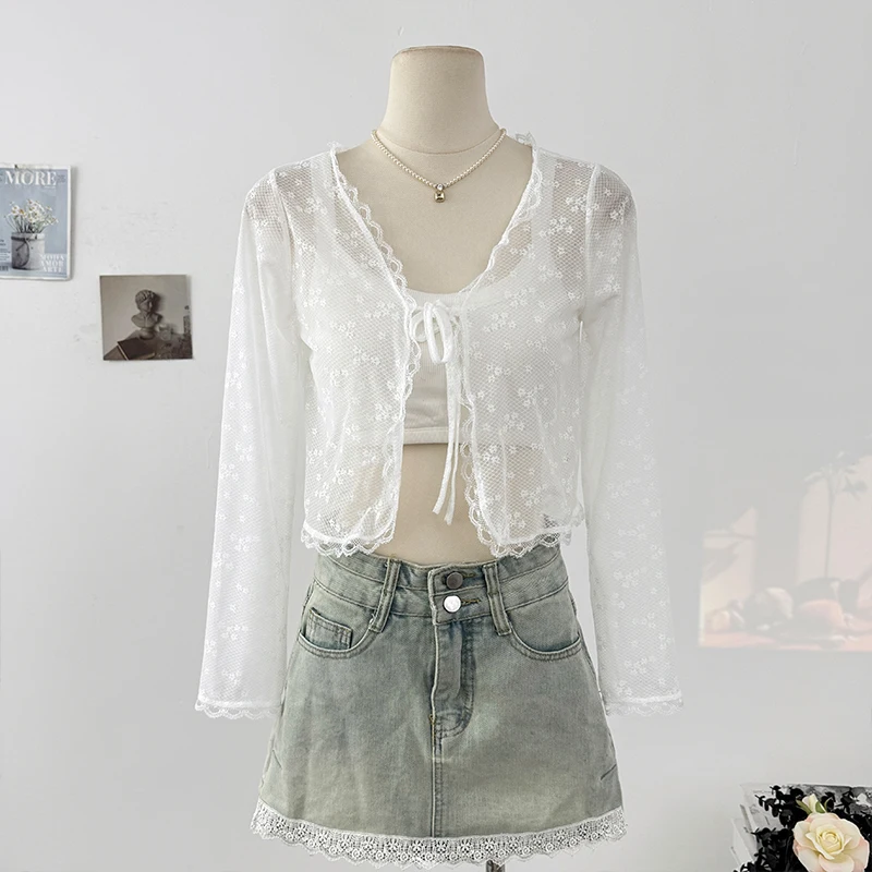 

Gagarich Pure Desire Bow Tie Hollow Hook Flower Lace Sunscreen Cardigan Women Summer 2025 Short Style Stacked Hoodie Shawl