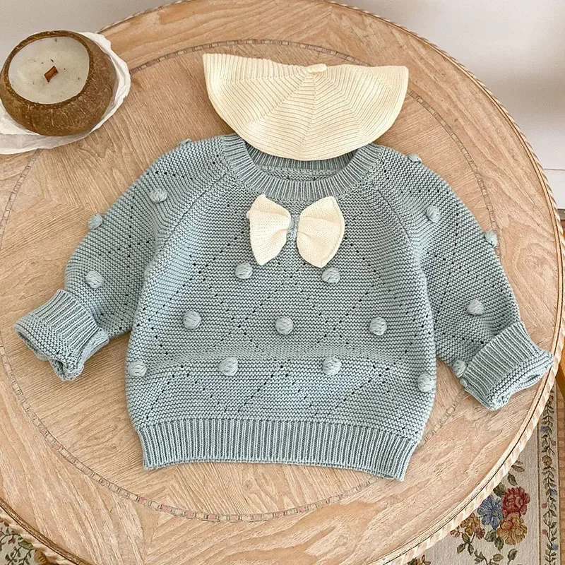 

2024 New Autumn Toddler Baby Girl Knitting Pullover Tops Long Sleeved Bow Splicing Newborn Baby Girls Sweater Baby Girls Clothes