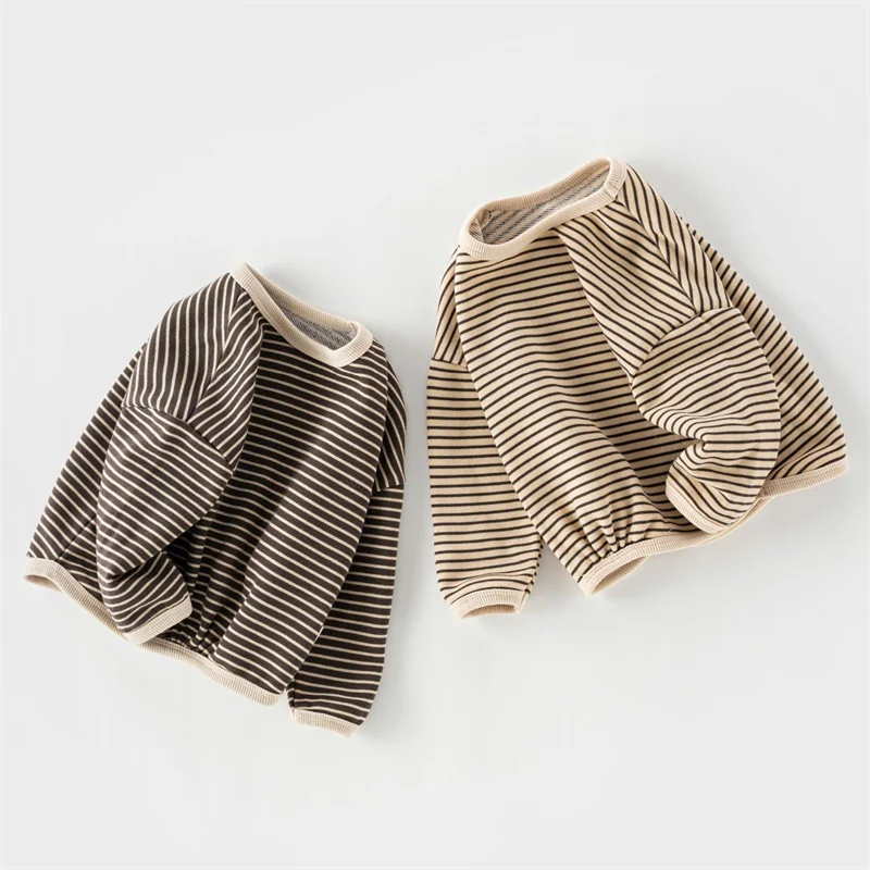 

Полосатые толстовки для мальчиков, детские осенние свободные топы, детские модные футболки, универсальная одежда для малышей, весенний пуловер для девочек