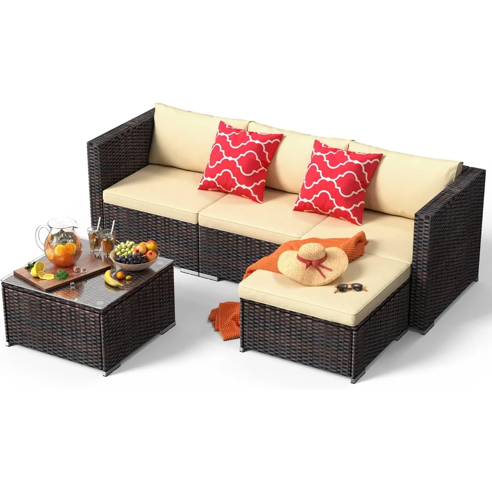 5-Piece Patio Furniture Set Outdoor Couch with Glass Coffee Table and Two Pillows, Outdoor Sectional Conversation Set (Brown