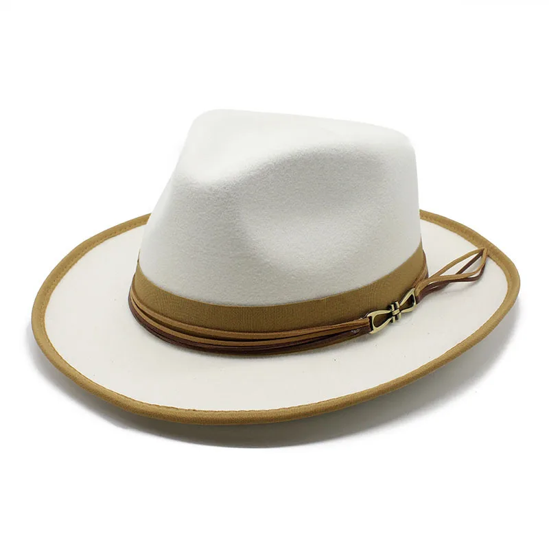 Off-white brown color-blocked felt wide-brimmed with metal buckle embellishments, a fresh and retro jazz hat for a casua